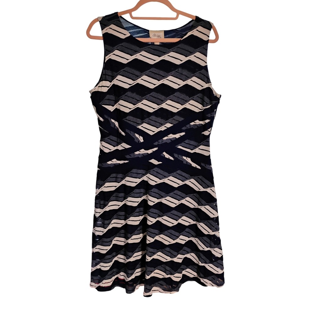Beige by ECI Women's Sleeveless Dress Size 12 Navy Blue Cream Wave Pattern